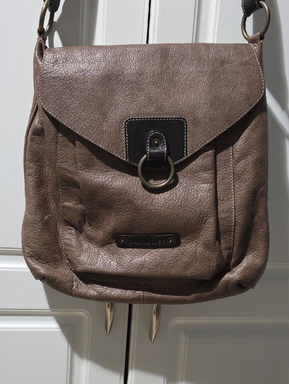 Puntotres Taupe Leather Crossbody Bag with Ring Accent